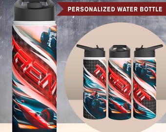 Personalisierte Rennauto-Wasserflasche - Kinder benutzerdefinierter Name Edelstahlbecher | 18 & 32 Unzen