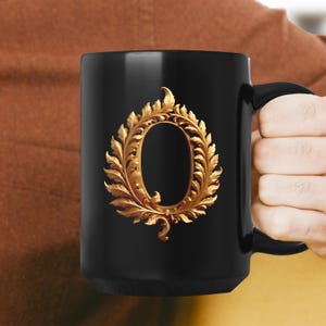 Golden Initials O, initials mug, decorative letter, gold 3d design on black ceramic mug, sophisticated letters gift for friend or loved one