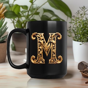 Golden Initials M, initials mug, decorative letter, gold 3d design on black ceramic mug, sophisticated letters gift for friend or loved one