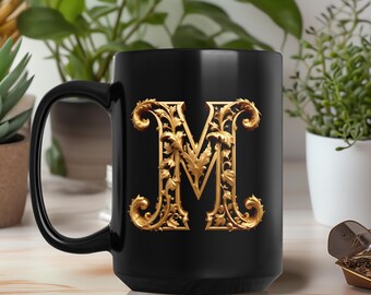 Golden Initials M, initials mug, decorative letter, gold 3d design on black ceramic mug, sophisticated letters gift for friend or loved one