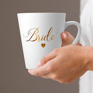 Bride to be mug, bridal shower gift ideas, best bridal shower gifts, unique gifts for the bride, Beautiful latte cup, golden script on white