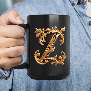 Golden Initials Z, initials mug, decorative letter, gold 3d design on black ceramic mug, sophisticated letters gift for friend or loved one