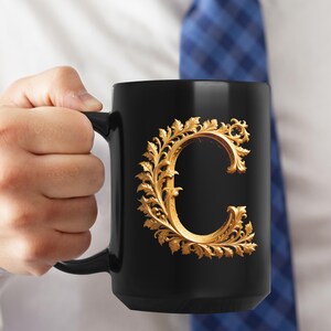 Golden Initials C, initials mug, decorative letter, gold 3d design on black ceramic mug, sophisticated letters gift for friend or loved one