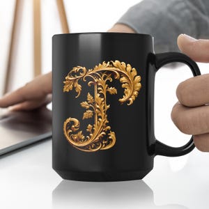 Golden Initials J, initials mug, decorative letter, gold 3d design on black ceramic mug, sophisticated letters gift for friend or loved one