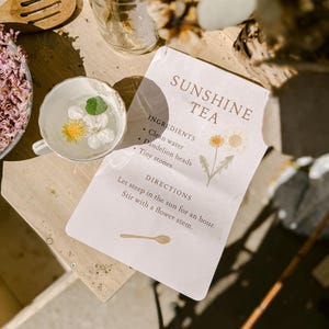 May include: A teacup with water, dandelion heads, and small white flowers. A card reads "SUNSHINE TEA", listing ingredients and directions. A wooden spoon and a jar are also visible.