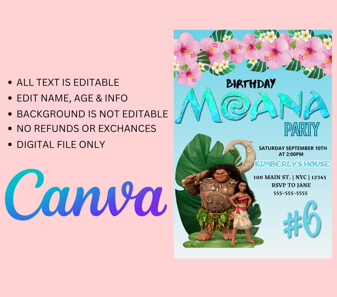Editable Moana Birthday Invitation Template Printable Birthday Party ...