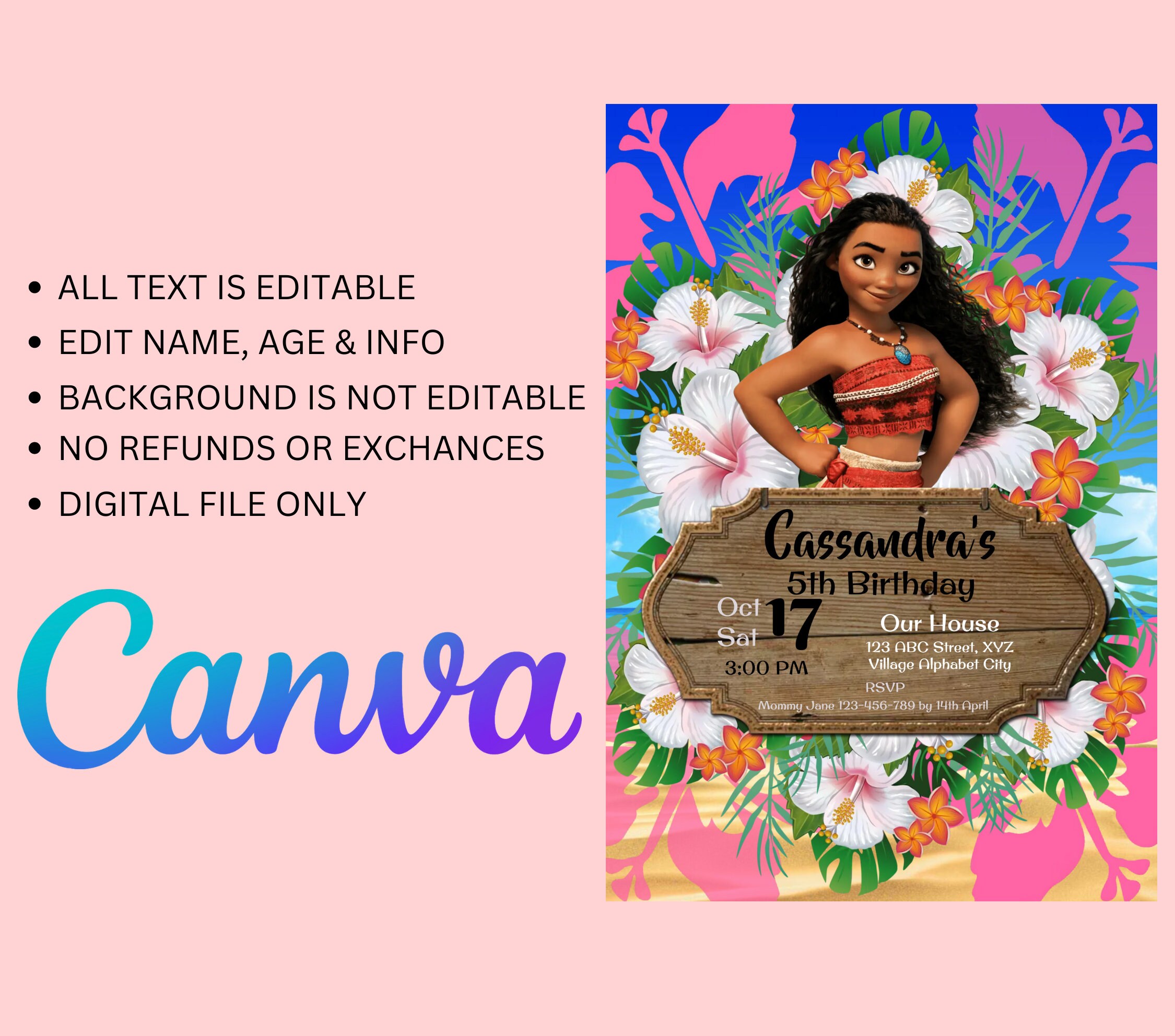 Editable Moana Birthday Invitation Template Printable Birthday Party Invitation Kids Party ...