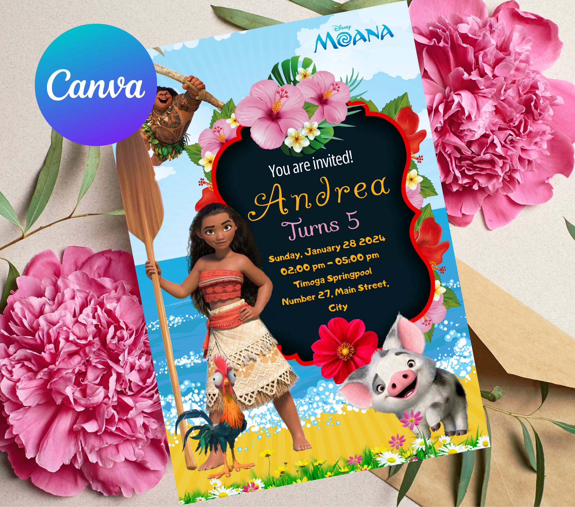 Editable Moana Birthday Invitation Template Printable Birthday Party Invitation Kids Party ...