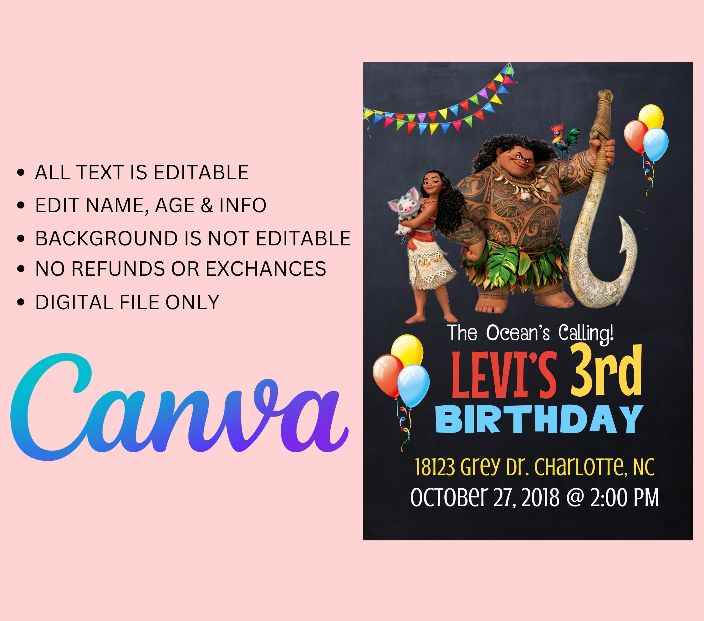 Editable Moana Birthday Invitation Template Printable Birthday Party Invitation Kids Party ...