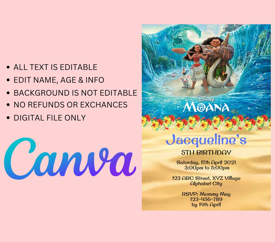 Editable Moana Birthday Invitation Template Printable Birthday Party Invitation Kids Party ...