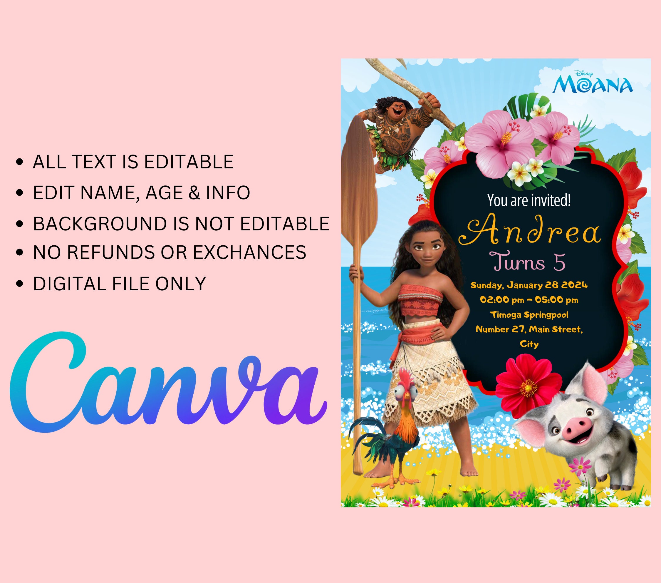 Editable Moana Birthday Invitation Template Printable Birthday Party Invitation Kids Party ...