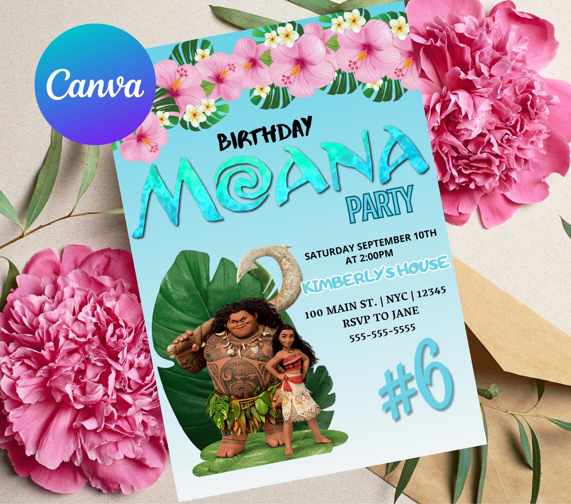 Editable Moana Birthday Invitation Template Printable Birthday Party Invitation Kids Party ...
