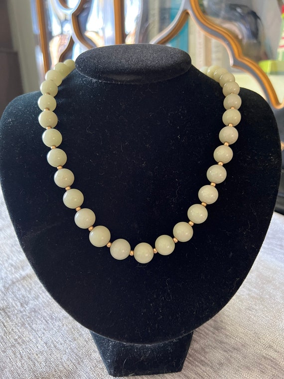 Light green jade bead necklace with silver clasp - image 1