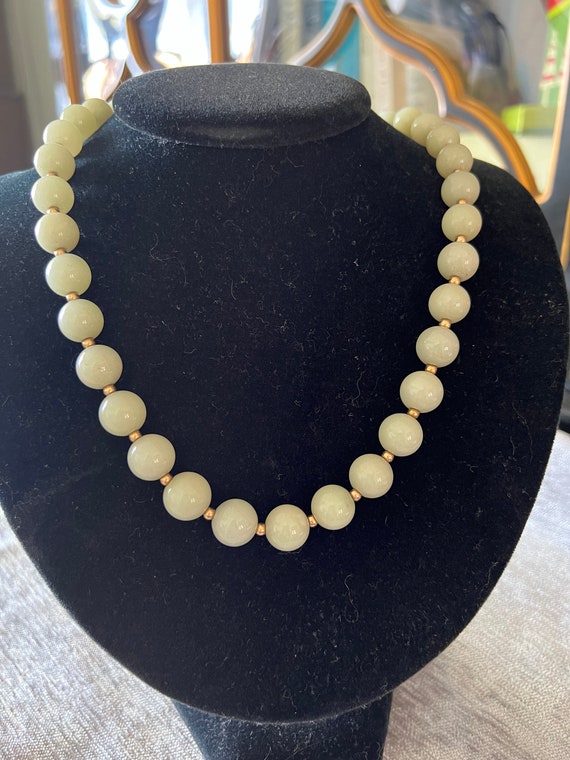 Light green jade bead necklace with silver clasp - image 4