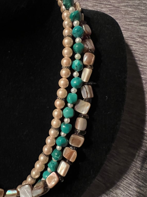 Deb Guyot 3 strand necklace pearl, Turquoise and … - image 3