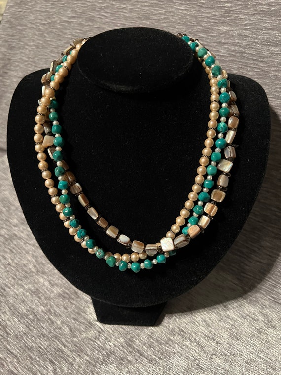 Deb Guyot 3 strand necklace pearl, Turquoise and … - image 1