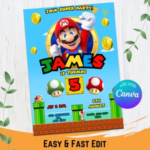 Mario Birthday Invitation, Mario Invitation, Super Brothers boy Invite, Video Game, Kid Invite, Editable Template, Editable Canva