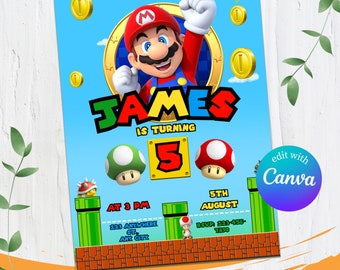 May include: A colorful invitation for a Super Mario themed birthday party. The invitation features a cartoon image of Super Mario, the text "JOIN SUPER PARTY!" and "JAMES IS TURNING 5". The invitation also includes a background of a video game level with green pipes, red bricks, and a mushroom.