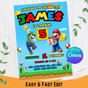 Mario Birthday Invitation, Mario Invitation, Super Brothers boy Invite, Video Game, Kid Invite, Editable Template, Editable Canva