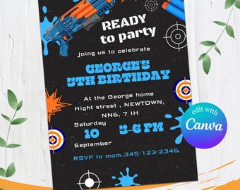 Kids Editable Nerf Birthday Invitation Template, Printable Birthday Nerf Party Invitations, Digital Kids Party Invite Template