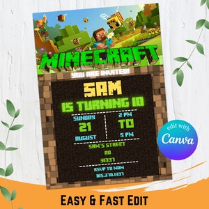 Editable Mineblocks Birthday Invitation, Pixel game birthday invitations, Mineblocks Birthday Invitation, Gamer invitation, Editable Canva