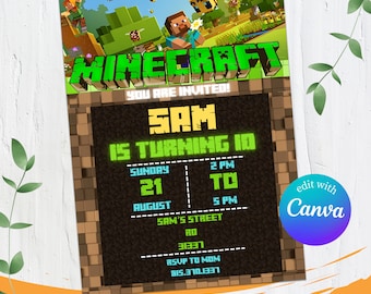 Editable Mineblocks Birthday Invitation, Pixel game birthday invitations, Mineblocks Birthday Invitation, Gamer invitation, Editable Canva