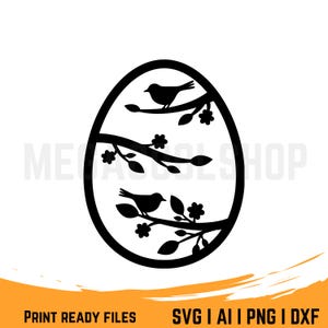 Contour d'oeuf de Pâques avec des oiseaux de printemps SVG, PNG, PDF, Dxf, Ai fichiers Clipart | Silhouette vecteur d'oeuf de Pâques, fichiers Svg pour Cricut | Télécharger