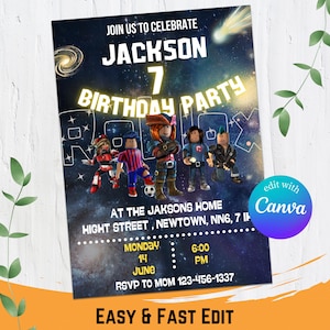 Roblox Birthday Invitation, Roblox Game Party, Roblox Invitation, Kids Roblox Invite, Printable Editable Template Canva, Instant Download