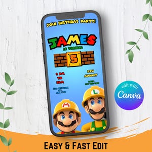 Mario Mobile Birthday Invitation, Mario Invitation, Super Brothers boy Invite, Video Game, Kid Invite, Editable Template, Editable Canva