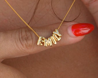 Bubble Name Necklace, 3d Letter Necklace, 14k Gold 3d Mini Bubble Name Plate Necklace, Dainty Name Necklace, Personalized Necklace gift mom