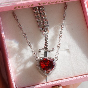 Heart and Sword Couple Necklace, Couples Jewelry, Couples Gift, Couples necklaces Set, 2 Piece Matching Couples Necklaces, Huntsman Necklace