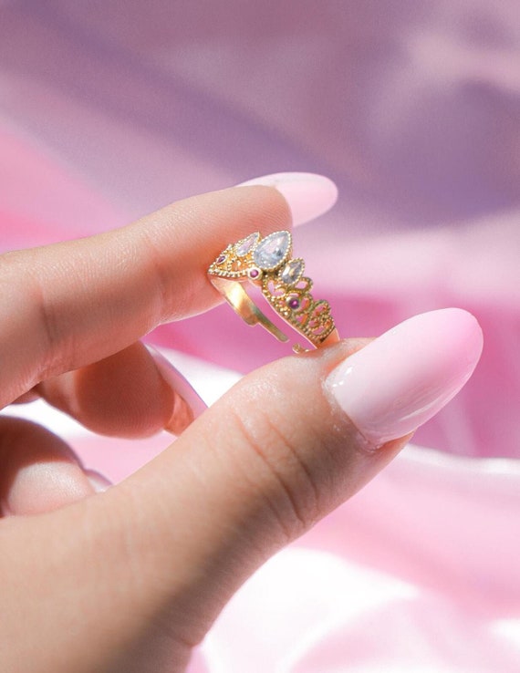 Gold Crown Ring, Cool Ring for Teenagers, Pinky Ring, Diamond Castle Ring, Adjustable Band Ring, Anime Inspired Princess Ring for Her