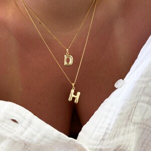 Könnte beinhalten: Zwei goldene Halsketten mit Initialanhängern. Die obere Halskette hat einen 'D'-Anhänger und die untere Halskette hat einen 'H'-Anhänger.