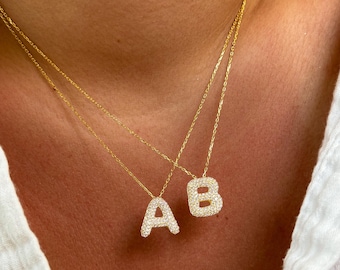 Naszyjnik z literą bąbelkową Pave Diamond, wisior z literą bąbelkową, spersonalizowany prezent na naszyjnik, naszyjnik na dzień matki, naszyjnik z literą 3D ze złota 14k
