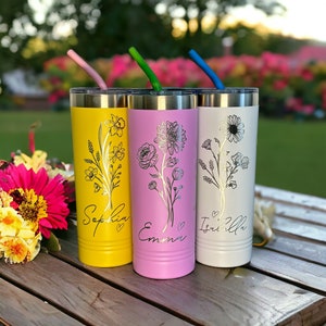 Birth Flowers Tumbler with Name, Personalized birth month wildflowers 16oz, 22oz, 30oz insulated travel mug, Custom Engraved Gift
