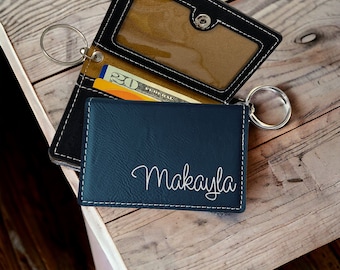 Personalized Vegan Leather Keychain Wallet, Custom Engraved ID Card Holder