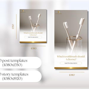 Puede incluir: Dos cepillos de dientes blancos con detalles dorados en un vaso transparente con borde dorado. El texto "&iquest;Qu&eacute; cepillo de dientes debo elegir?" est&aacute; sobre un bot&oacute;n que dice "leer la descripci&oacute;n".