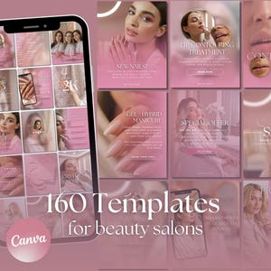 Puede incluir: Un smartphone muestra 160 plantillas rosas para salones de belleza. Las plantillas presentan imágenes de manicuras, contorneado de labios y ofertas especiales. El texto incluye "New Nails?", "Gel Hybrid Manicure" y "Sale". El logotipo de Canva es visible.
