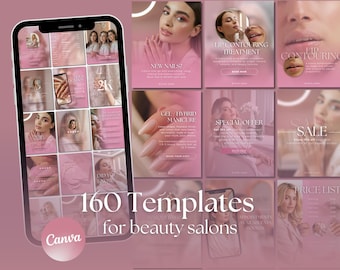 May include: A smartphone displays 160 pink templates for beauty salons. The templates feature images of manicured nails, lip contouring, and special offers. Text includes "New Nails?", "Gel Hybrid Manicure", and "Sale". The Canva logo is visible.