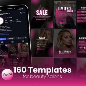 Puede incluir: Una pantalla de teléfono inteligente muestra un perfil de estudio de belleza con un logotipo y detalles de redes sociales. La imagen muestra 160 plantillas para salones de belleza, incluyendo promociones de venta, programación de citas y servicios.