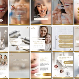 Puede incluir: Un collage de nueve publicaciones en redes sociales sobre el cuidado dental. Las publicaciones presentan im&aacute;genes de personas sonriendo, blanqueamiento dental y herramientas dentales. El texto de las publicaciones incluye informaci&oacute;n sobre el cuidado dental, como mitos sobre el blanqueamiento dental, listas de verificaci&oacute;n de dientes sanos y c&oacute;mo cuidar las sonrisas de los ni&ntilde;os.