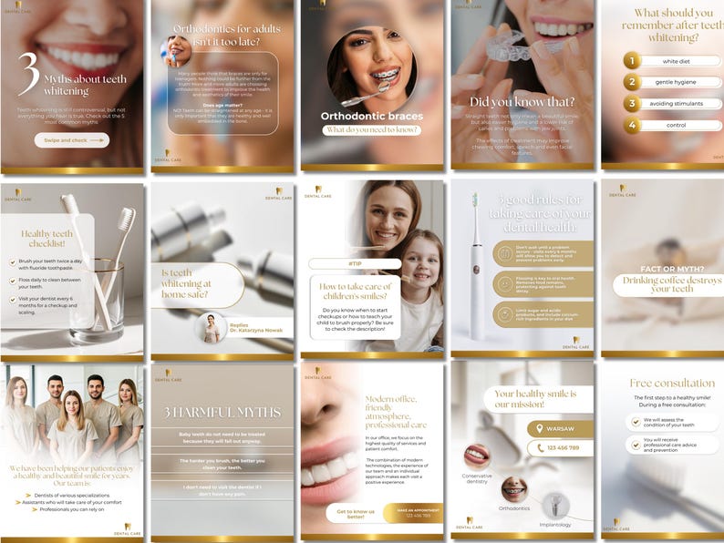 Puede incluir: Un collage de nueve publicaciones en redes sociales sobre el cuidado dental. Las publicaciones presentan im&aacute;genes de personas sonriendo, blanqueamiento dental y herramientas dentales. El texto de las publicaciones incluye informaci&oacute;n sobre el cuidado dental, como mitos sobre el blanqueamiento dental, listas de verificaci&oacute;n de dientes sanos y c&oacute;mo cuidar las sonrisas de los ni&ntilde;os.