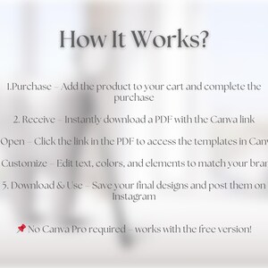 Puede incluir: C&oacute;mo funciona? Una gu&iacute;a de cinco pasos para usar plantillas de Canva. Comprar, recibir, abrir, personalizar y descargar y usar. No se requiere Canva Pro: funciona con la versi&oacute;n gratuita.