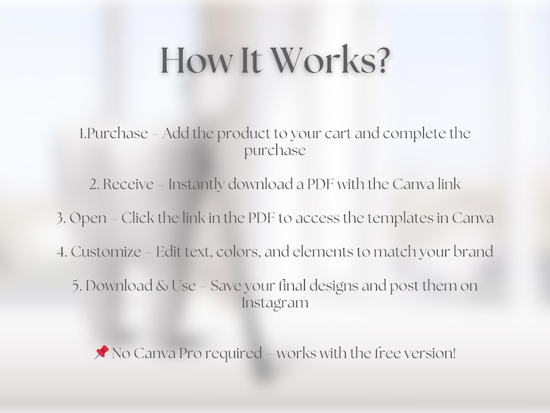 Puede incluir: C&oacute;mo funciona? Una gu&iacute;a de cinco pasos para usar plantillas de Canva. Comprar, recibir, abrir, personalizar y descargar y usar. No se requiere Canva Pro: funciona con la versi&oacute;n gratuita.