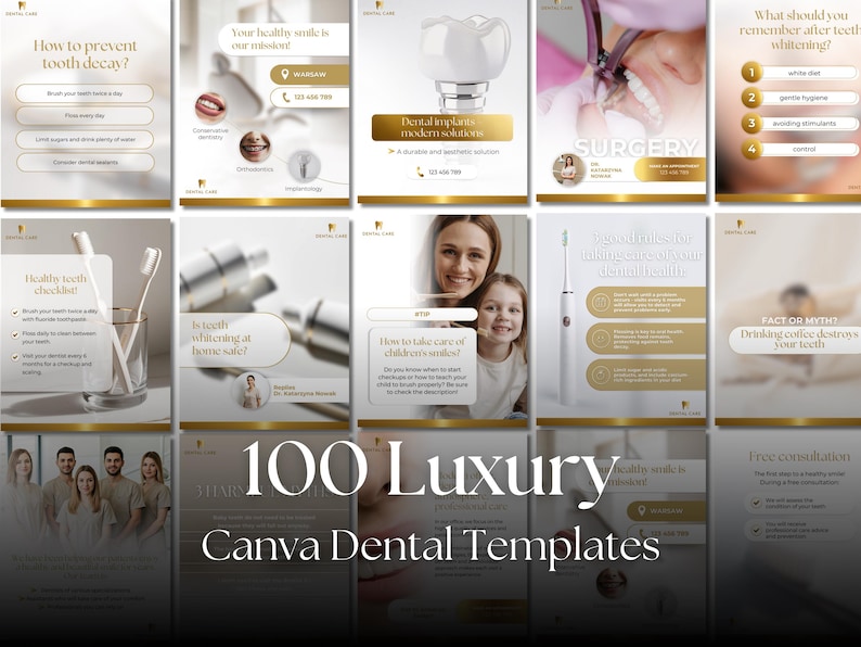 Puede incluir: Un collage de im&aacute;genes que promocionan servicios de atenci&oacute;n dental. Las im&aacute;genes muestran personas sonrientes, herramientas dentales y texto sobre salud dental. El texto incluye frases como "&iquest;C&oacute;mo prevenir la caries dental?" y "Tu sonrisa saludable es nuestra misi&oacute;n."