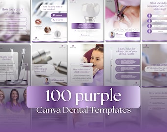Plantillas de Canva para clínica dental morada: paquete de gráficos para redes sociales