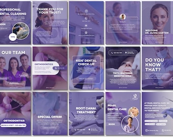 Plantillas de Instagram para clínicas dentales: Gráficos morados para redes sociales (Canva editable, 130 publicaciones e historias)