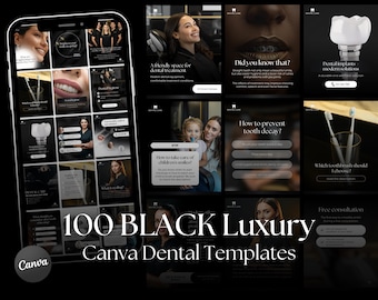 Plantillas de Canva para clínicas dentales: Publicaciones de Instagram de lujo en negro (100 plantillas descargables digitales)