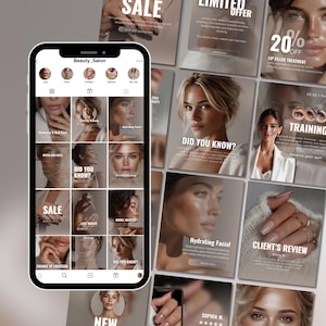 May include: A smartphone displays a beauty salon's Instagram feed, showcasing various services with images and text. The feed includes posts about sales, lip filler treatments, training, and client reviews. The overall aesthetic is clean and modern.