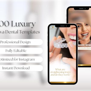 Puede incluir: Un conjunto de 100 plantillas dentales Canva de lujo para Instagram. Las plantillas presentan dise&ntilde;os profesionales, son totalmente editables y ofrecen descarga instant&aacute;nea. La imagen muestra dos pantallas de tel&eacute;fono con ejemplos de las plantillas, una con una persona con alineadores transparentes y el texto "&iquest;Qu&eacute; son las bandejas de enderezamiento y funcionan?" y la otra con una persona con brackets y el texto "Brackets Invisalign que necesitas saber?"